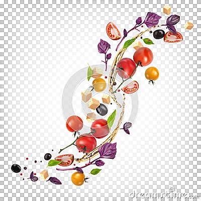 Beautiful appetizing composition of vegetables. Greek Salad Recipe. Cherry tomatoes, basil, vegetable oil, cheese slices, olives, Vector Illustration